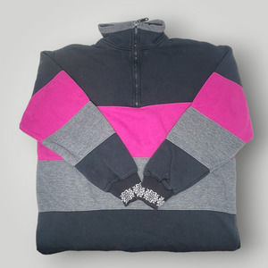 Vtg Pacer Petite Medium 1/4 zip Pullover Colorblock Snowflake Pink Black Gray